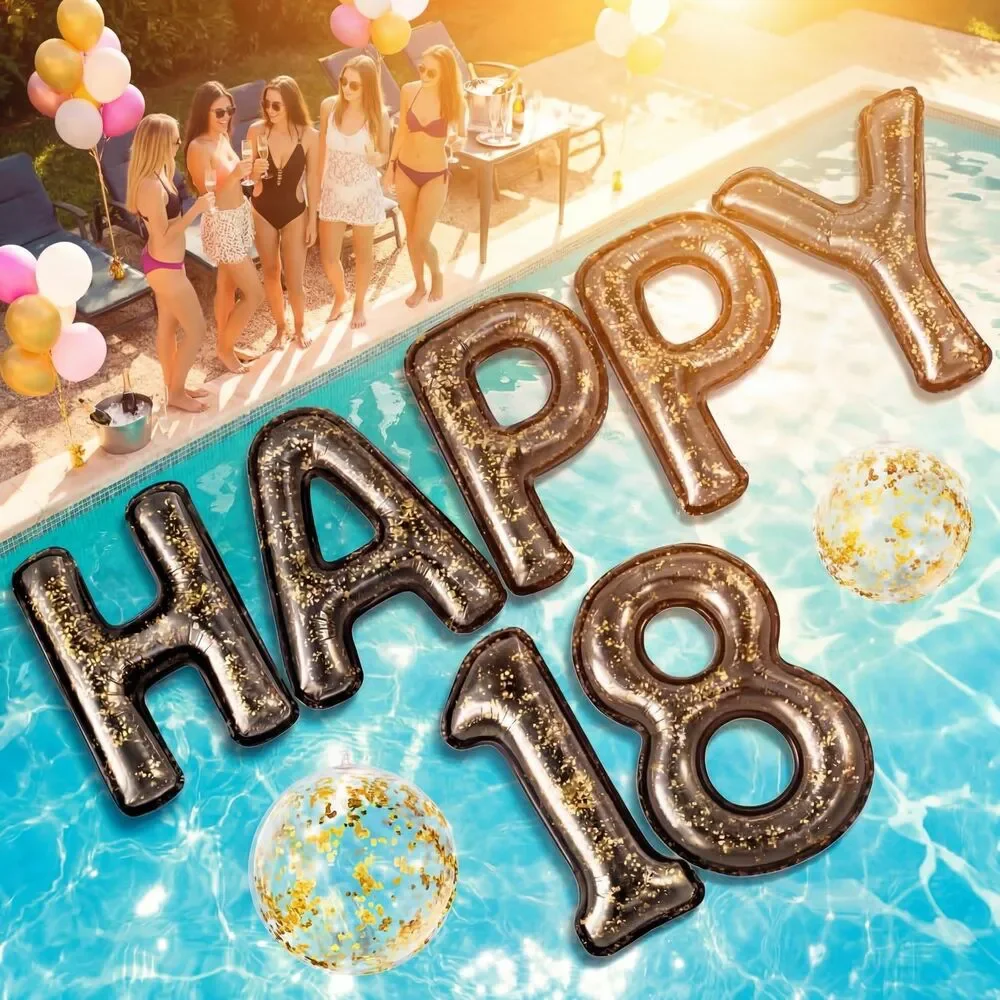 HAPPY 18,9 Pcs Pool Inflatable Float Letters, Glitter Beach Ball – Pool Party